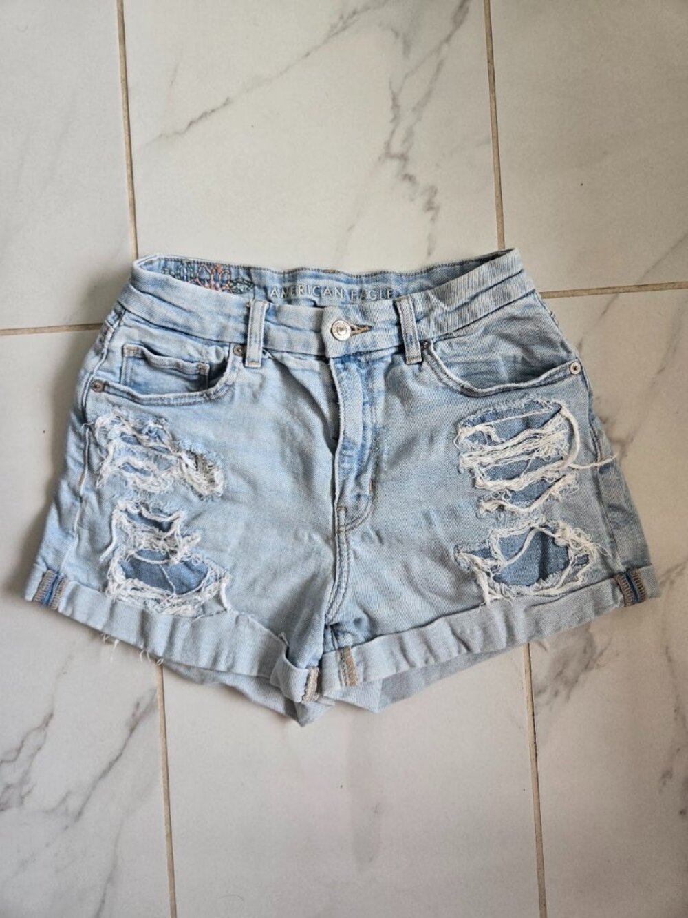 American Eagle Light Washed Embroidered Floral Denim Curvy Mom Shorts Size 4